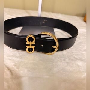 Salvatore Ferragamo Black Leather Belt with Gold Gancini Buckle